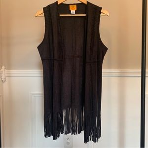 Ruby Rd. Black Faux Suede Fringe Vest Size Petite Small
